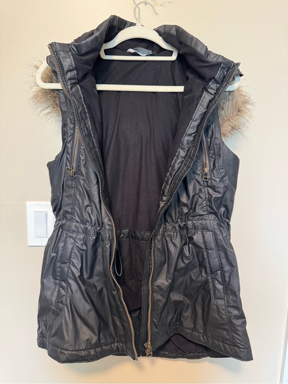 Athleta Black Faux-Leather Hooded Vest with Fur-Trim Hood